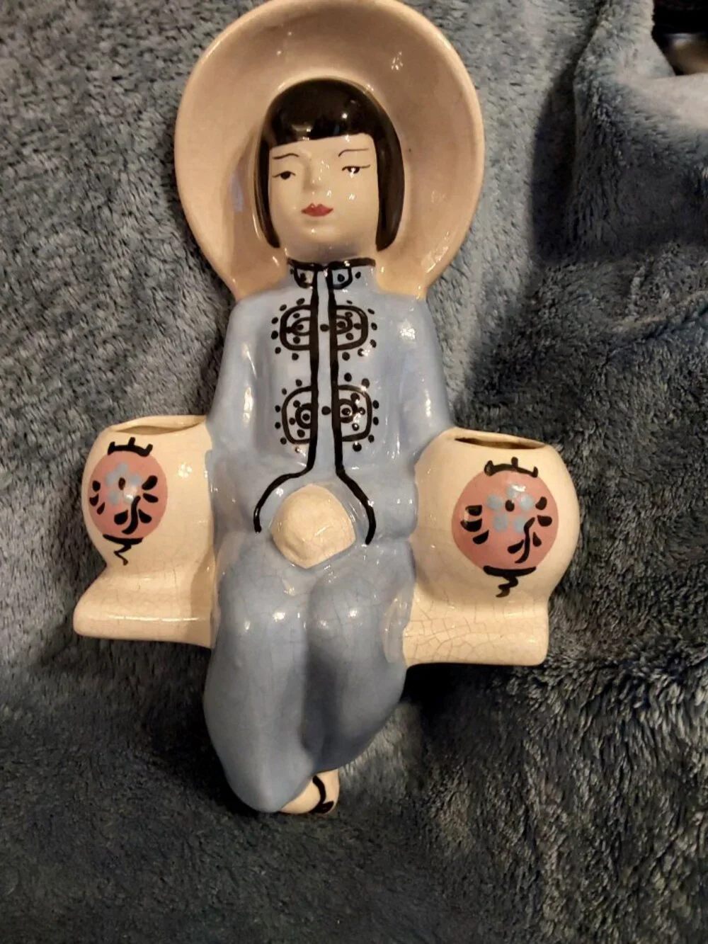 VINTAGE MCM Chinoiserie Lady Wall Pocket:  Asian Decor w Baskets for flowers1940